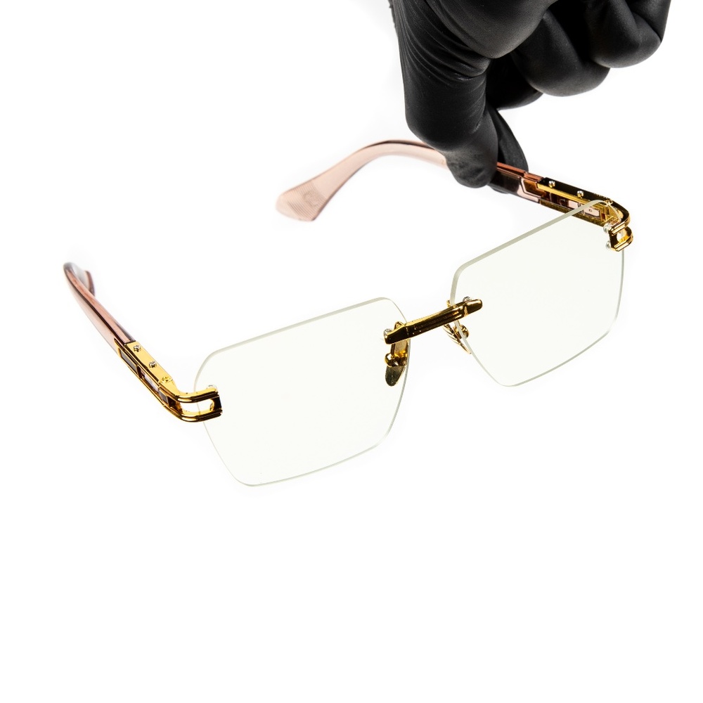 Men's Gold Frame Pink Arm Rimless Vintage Y2K Fashion Clear Lens Glasses